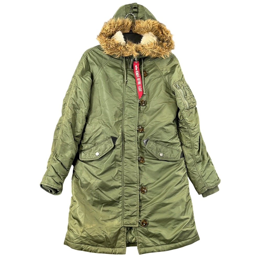 Alpha Industries N-3B Parka Jacket Women XS Sage Green Faux Fur Hood Winter Coat